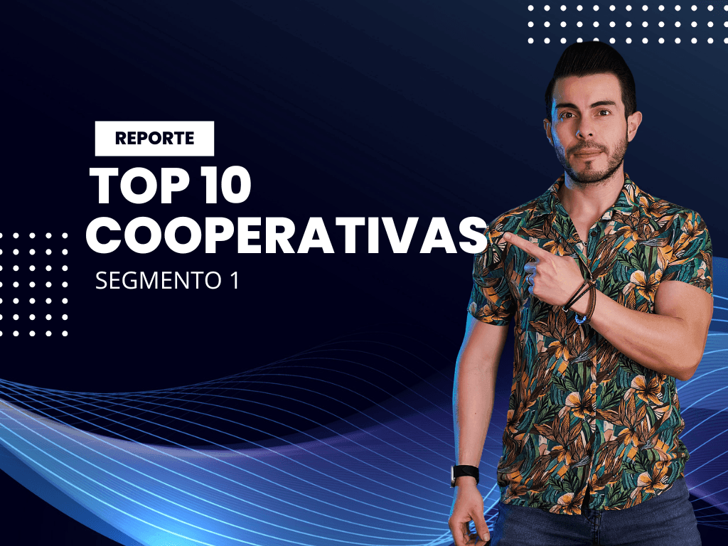 Man pointing to text 'Top 10 Cooperativas' on a dark patterned background.